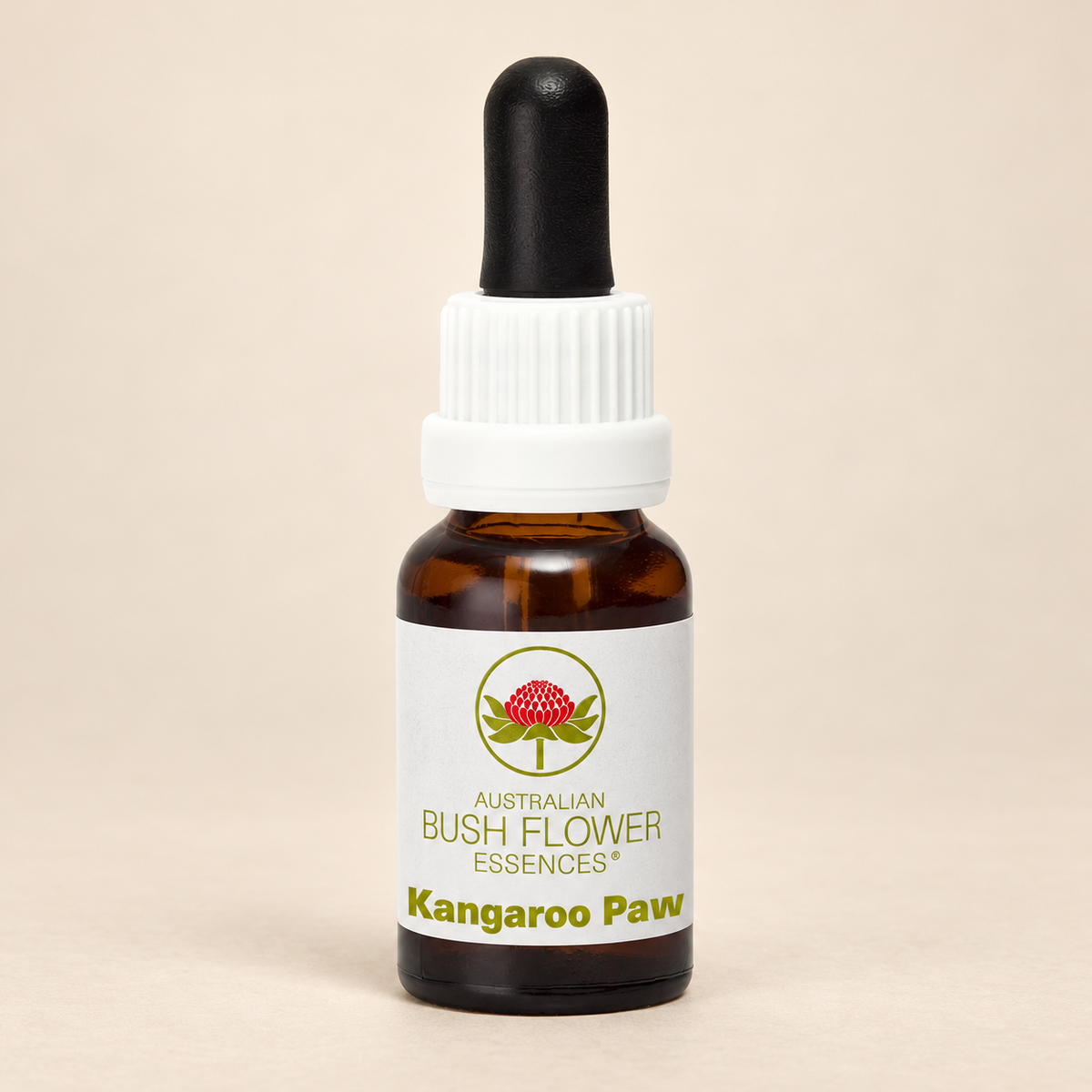 Australian Bush Flower Kangaroo Paw Stock Essence – 15ml bottle on a warm beige background