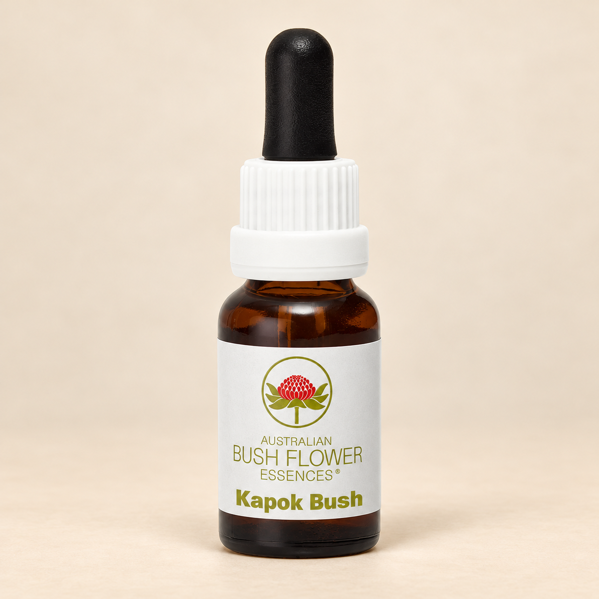Australian Bush Flower Kapok Bush Stock Essence – 15ml bottle on a warm beige background
