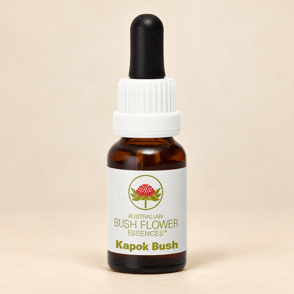 Australian Bush Flower Kapok Bush Stock Essence – 15ml bottle on a warm beige background
