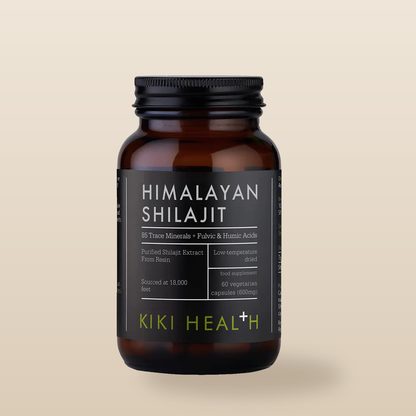 KIKI Health Himalayan Shilajit 60 capsules, authentic bottle on warm beige
