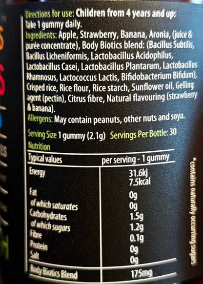 KIKI Body Biotics Gummies for Children ingredients, one-gummy directions, allergens and nutrition label