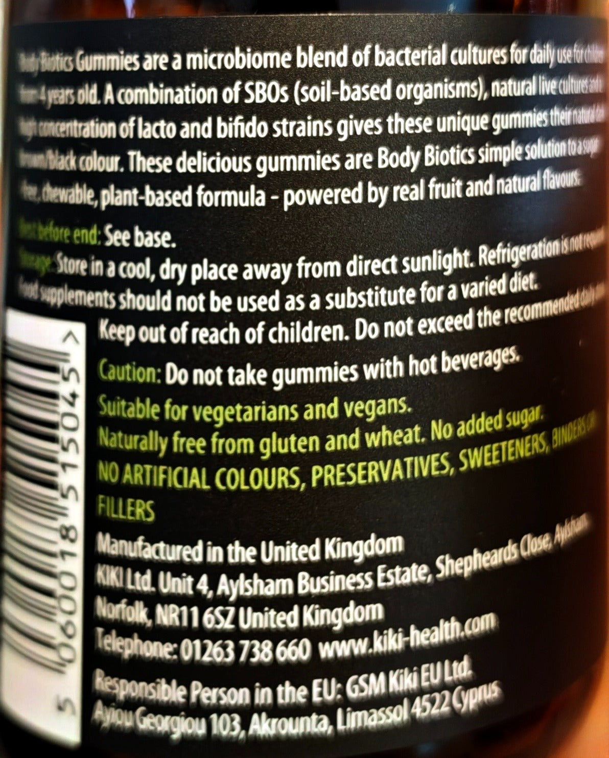 KIKI Body Biotics Gummies for Children storage, vegan suitability and hot-beverage caution label