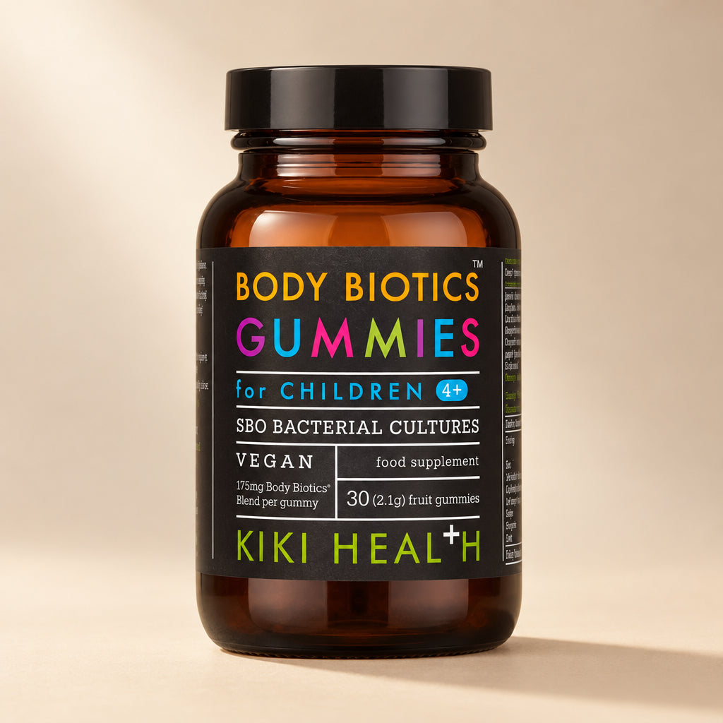 A bottle of Kiki Health Body Biotic Gummies for Children with 30 fruit gummies, highlighting vegan and probiotic cultures.