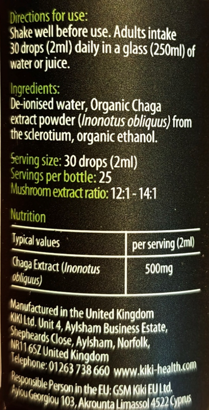 A close-up of a black product label showing white text with directions for use, ingredients, and nutrition information for Organic Chaga Extract powder.