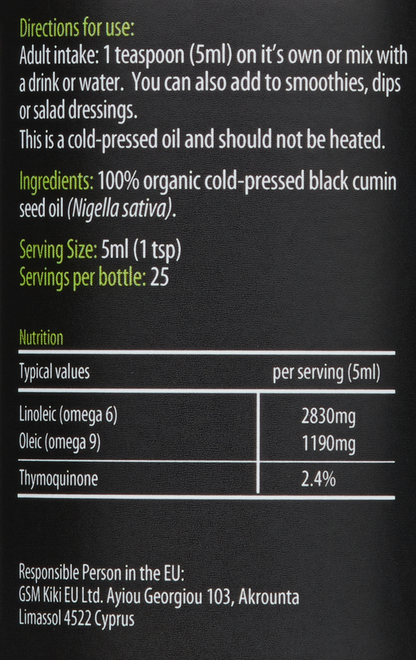 KIKI Organic Black Seed Oil directions, ingredients and nutrition label