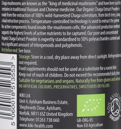 KIKI Chaga Mushroom Extract back label with storage information