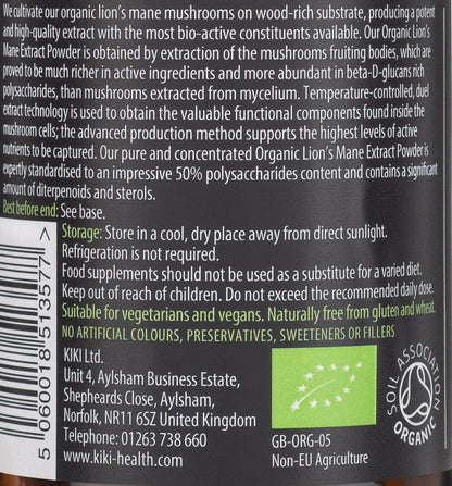 Supplement Facts – Kiki Lion's Mane Mushroom Extract Bottle Back