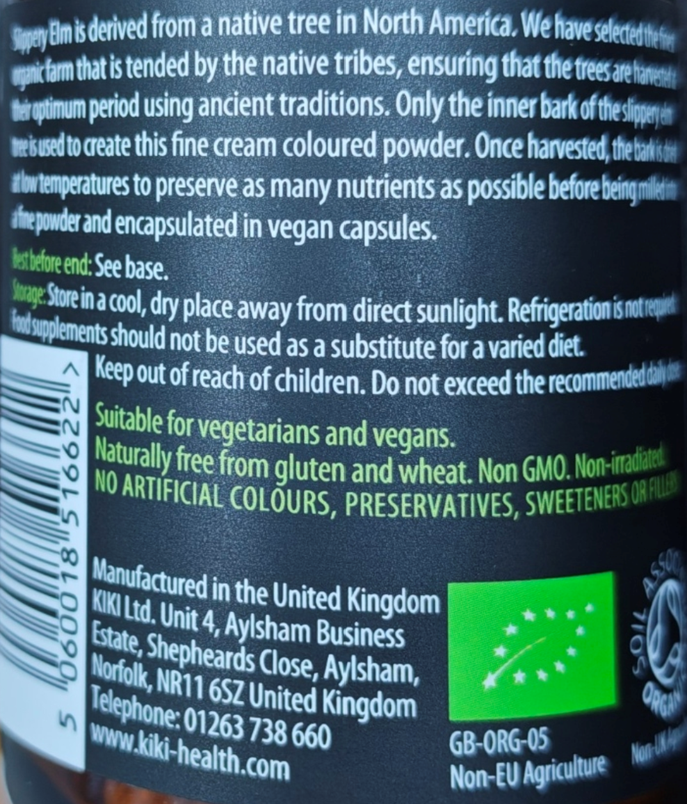 Back of a supplement bottle with text and an Organic logo