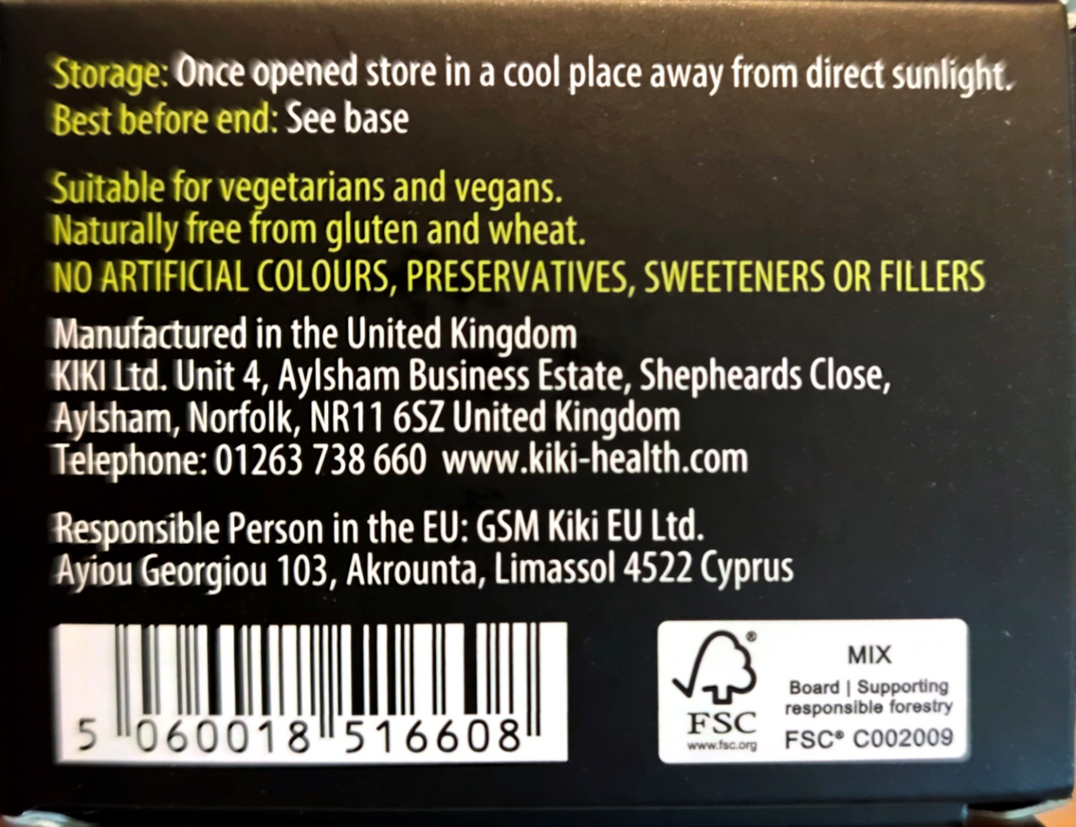 Back of a product box with white and yellow text on a black background, including storage instructions, suitability notes, manufacturer details for Kiki Ltd., a barcode, and an FSC certification label.