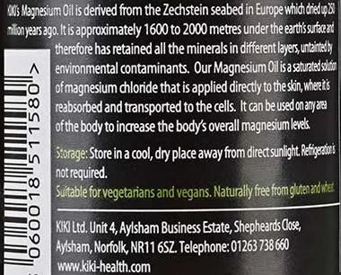 KIKI Magnesium Oil Spray label with storage and product information