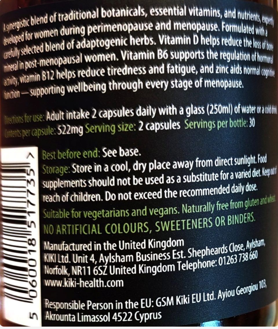 Close-up of a supplement bottle label showing ingredients, directions, storage, manufacturer details, and a barcode on a dark background.
