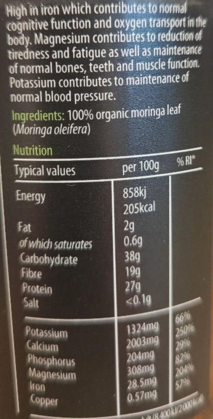 KIKI Organic Moringa Powder ingredients, nutrition and directions label