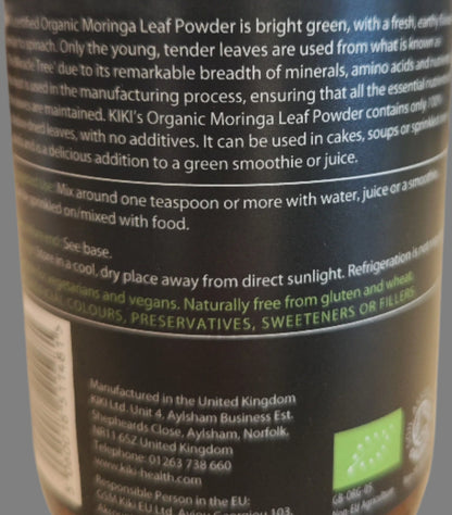 KIKI Organic Moringa Powder back label and storage information