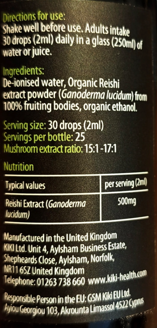 Black label with white text showing directions for use, ingredients, serving size, nutrition facts, and manufacturer details for Reishi extract powder.
