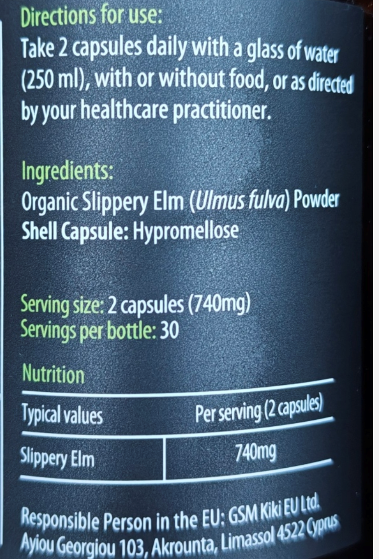 Product label with directions for use, ingredients, and nutritional information on a dark background.
