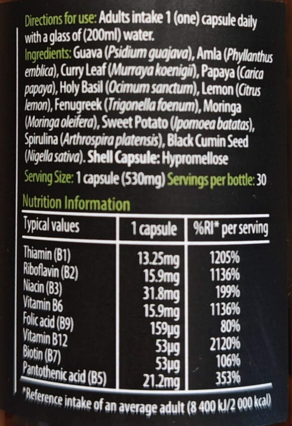 Nutrition label on a black background with white text