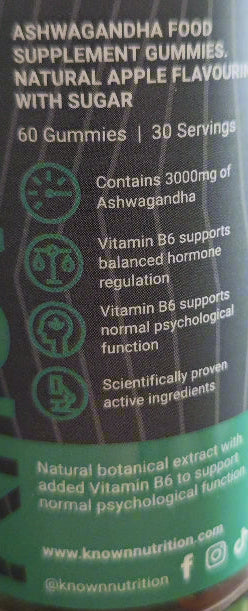 Supplement Facts of Known Ashwagandha Gummies – 60 Gummies