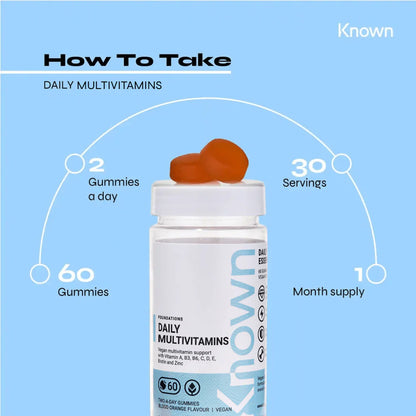 "Diagram showing how to take Known Daily Multivitamin Gummies VEGAN, including dosage and daily intake recommendations."