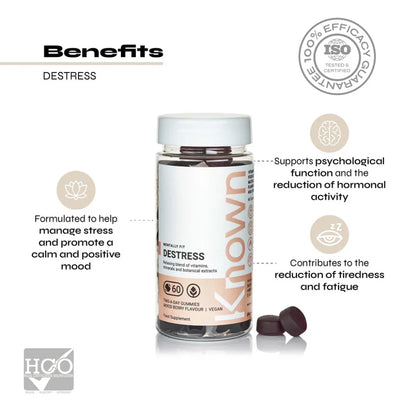 "Known Destress Gummies VEGAN bottle highlighting 