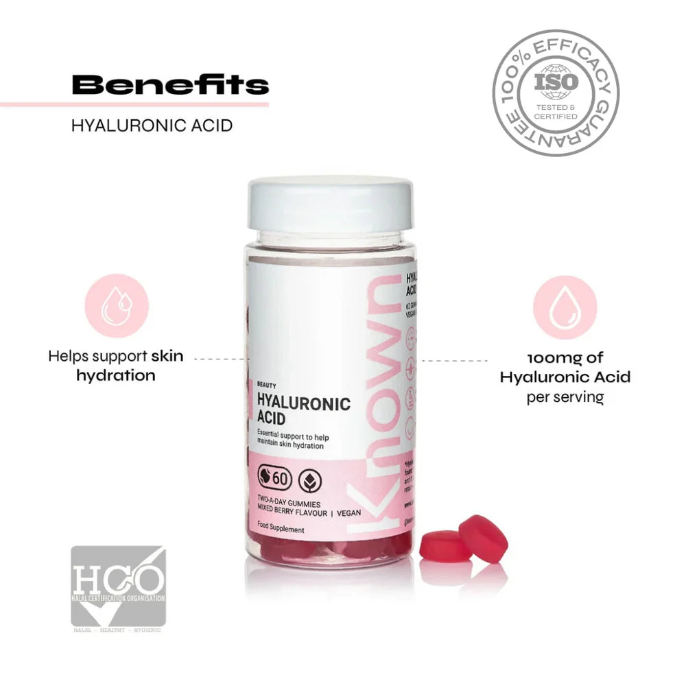 "Known Hyaluronic Acid Gummies VEGAN bottle showcasing benefits such as skin hydration
