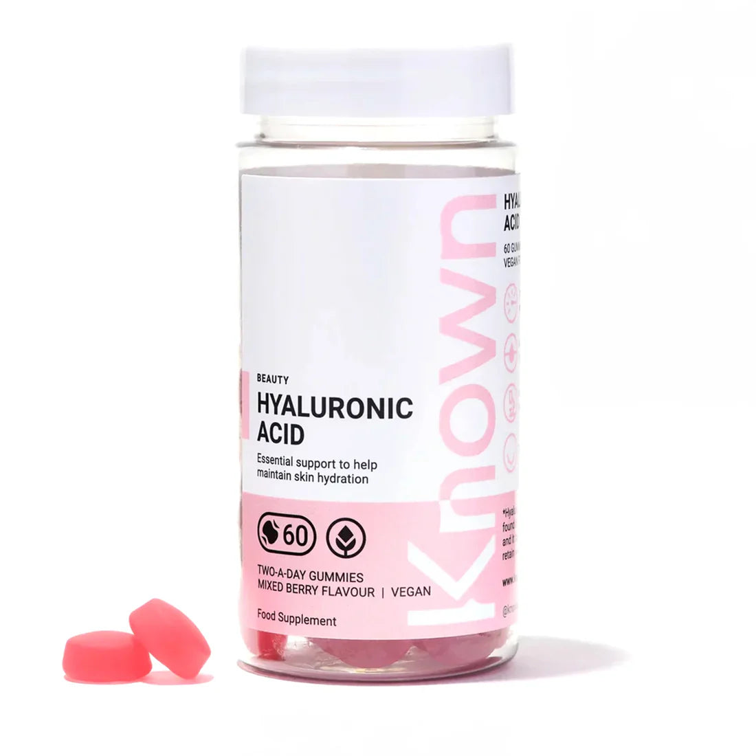 "Front view of Known Hyaluronic Acid Gummies VEGAN, 60-count bottle with a couple of gummies around it."