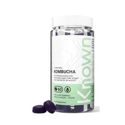 "Front view of Known Kombucha Gummies VEGAN, 60-count bottle with a couple of gummies around it."