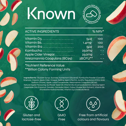 "Diagram showcasing all ingredients in Known Kombucha Gummies VEGAN, including kombucha powder, apple cider vinegar, and probiotics."