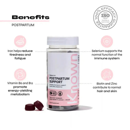 "Known Postpartum Support Gummies VEGAN bottle highlighting benefits for