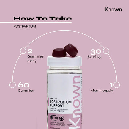 "Diagram showing how to take Known Postpartum Support Gummies VEGAN, including dosage and daily intake recommendations."