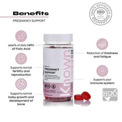 "Visual chart highlighting the health benefits of Known Pregnancy Support Gummies VEGAN, with the product bottle prominently displayed in the foreground."