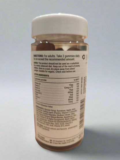 "Side view of the Known Pregnancy Support Gummies VEGAN bottle, focusing on the ingredients information label and nutritional details."