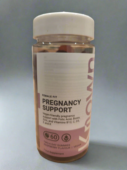 "Side view of the Known Pregnancy Support Gummies VEGAN bottle, displaying detailed product labeling and packaging design."