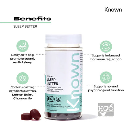 "Known Sleep Better Gummies VEGAN bottle highlighting 