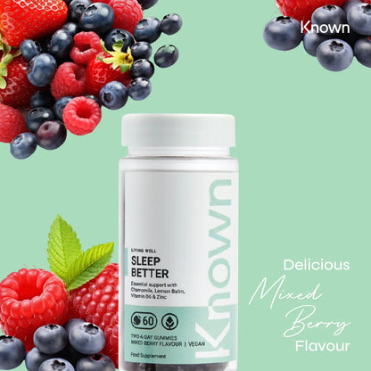 "Known Sleep Better Gummies VEGAN bottle surrounded by berries, emphasizing the delicious Mixed Berry flavor."