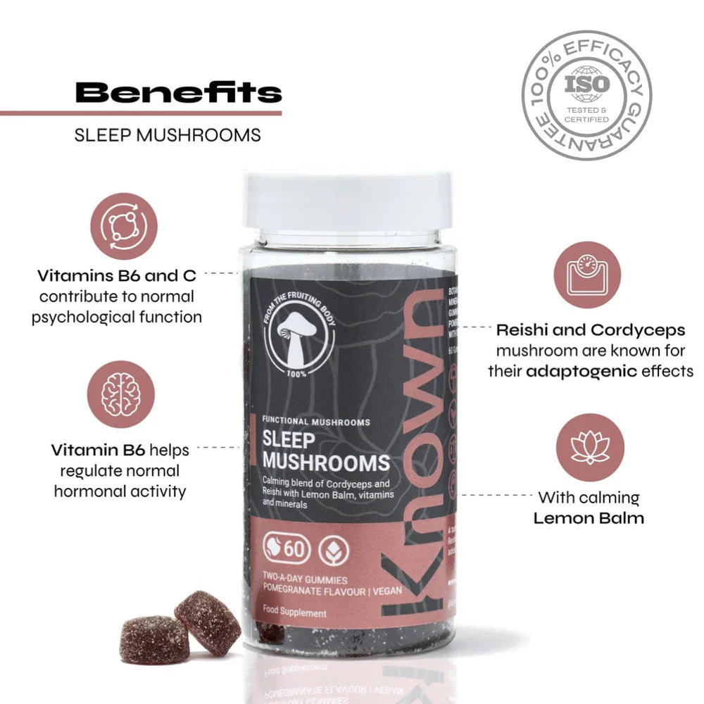 Known Sleep Mushrooms Gummies 60 Vegan Gummies front packaging, featuring Reishi, Cordyceps, and Lemon Balm for nighttime
