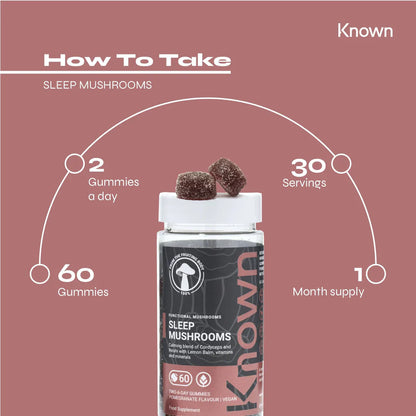 "Diagram showing how to take Known Sleep Mushrooms Gummies VEGAN, including dosage and daily intake recommendations."