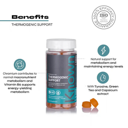 "Known Thermogenic Support Gummies VEGAN bottle highlighting 