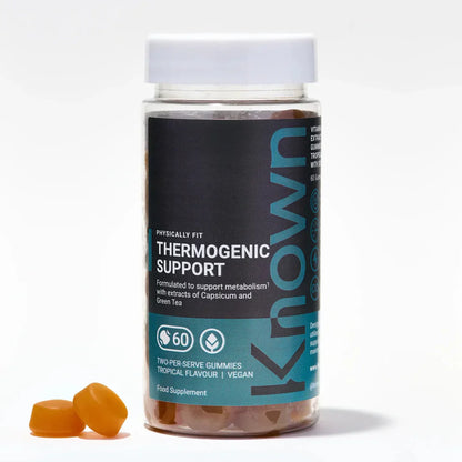 "Front view of Known Thermogenic Support Gummies VEGAN, 60-count bottle with a couple of gummies around it."