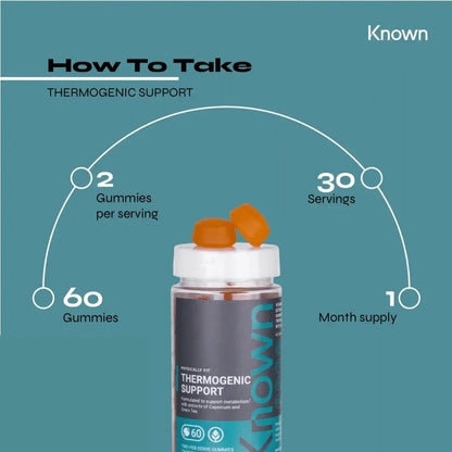 "Diagram showing how to take Known Thermogenic Support Gummies VEGAN, including dosage and daily intake recommendations."