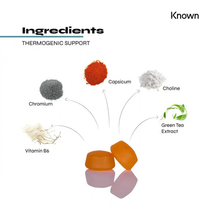  "Diagram showcasing all ingredients in Known Thermogenic Support Gummies VEGAN, including Capsicum Extract, Green Tea, Tyrosine, and Chromium."