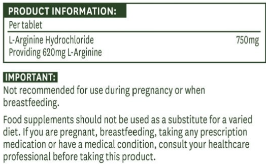 Product information label for L-Arginine Hydrochloride supplement with dosage details and safety warnings.