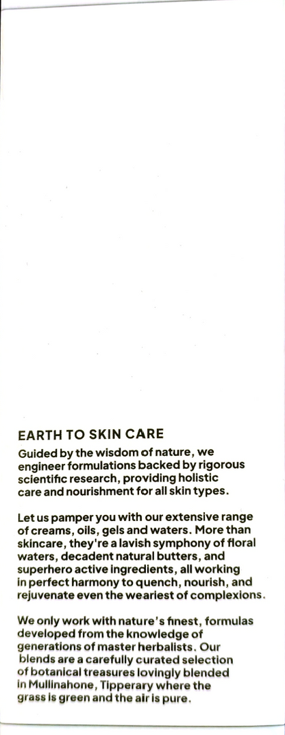 A close-up of a printed page with black text on a white background, headed 'EARTH TO SKIN CARE' and several paragraphs of copy describing a skincare brand and product range.