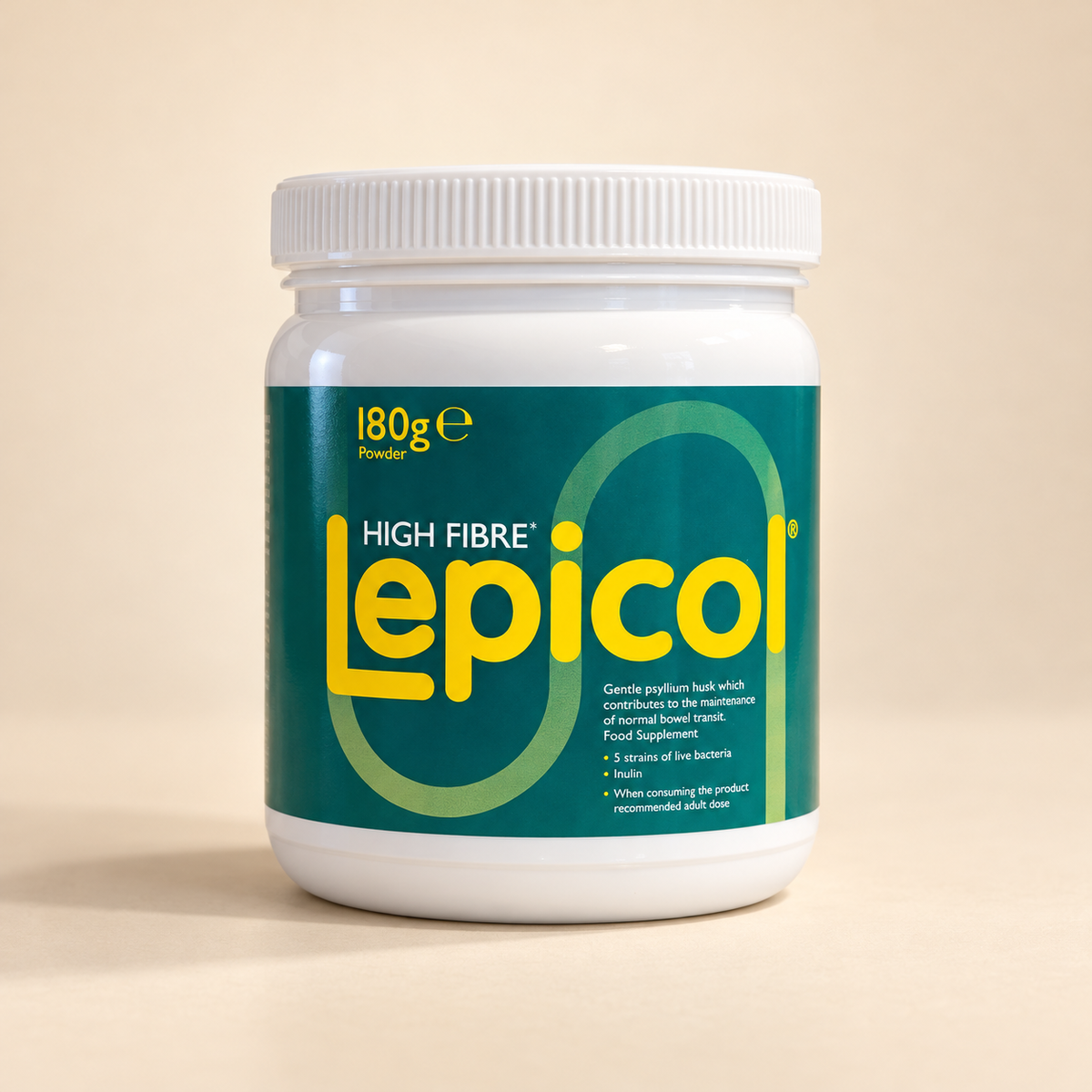 Lepicol High Fibre Powder 180g tub on a warm cream studio background