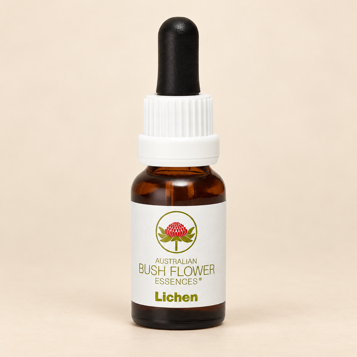 Australian Bush Flower Lichen Stock Essence – 15ml bottle on a warm beige background