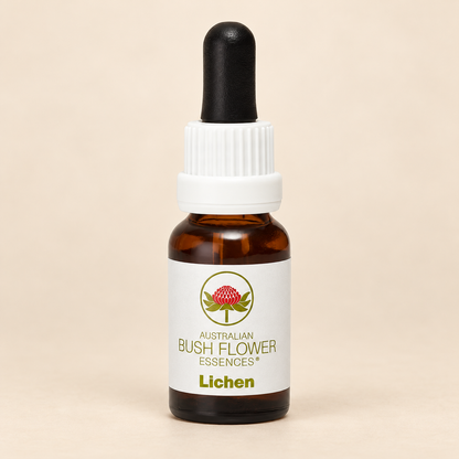 Australian Bush Flower Lichen Stock Essence – 15ml bottle on a warm beige background