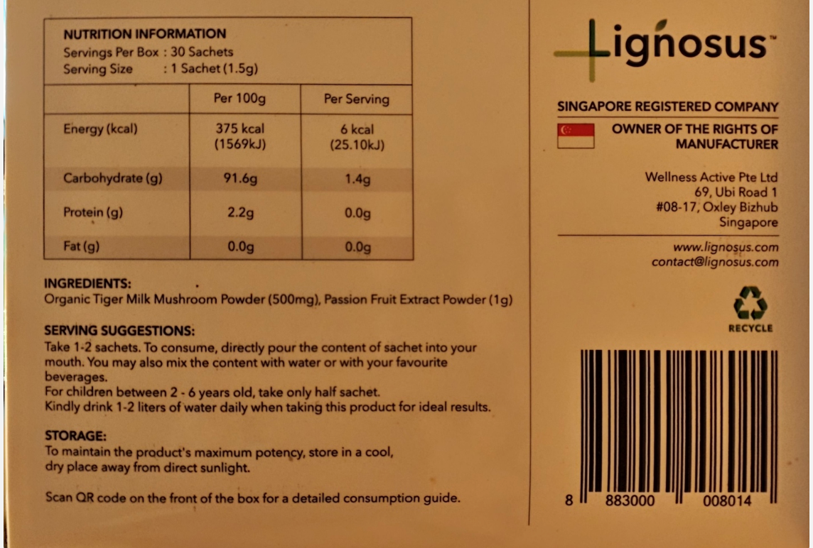 Back of a Lignosus product packaging with nutrition information and barcode.