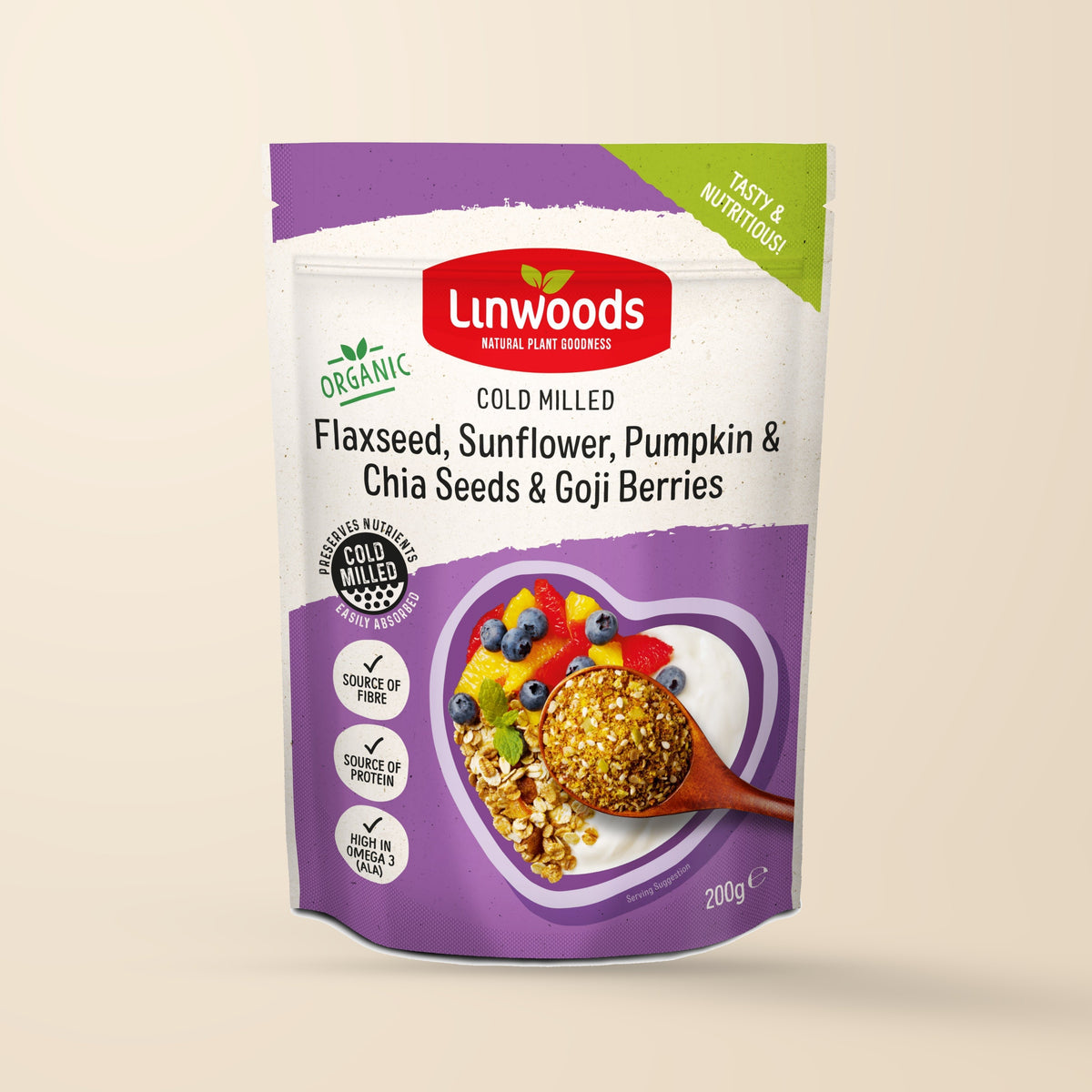Linwoods Organic Milled Flaxseed, Sunflower, Pumpkin, Chia & Goji – 200g authentic product packaging