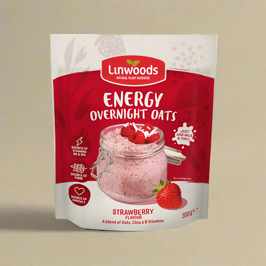Front view of Linwoods Strawberry Energy Overnight Oats pack – 5 x 300g