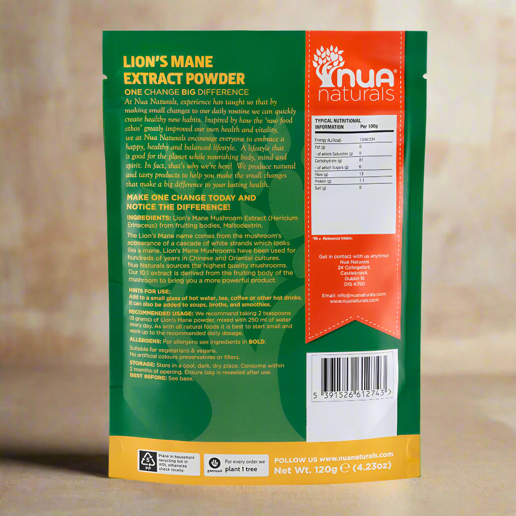 Back of a Nua Naturals Lion's Mane Extract Powder package with green and orange design.