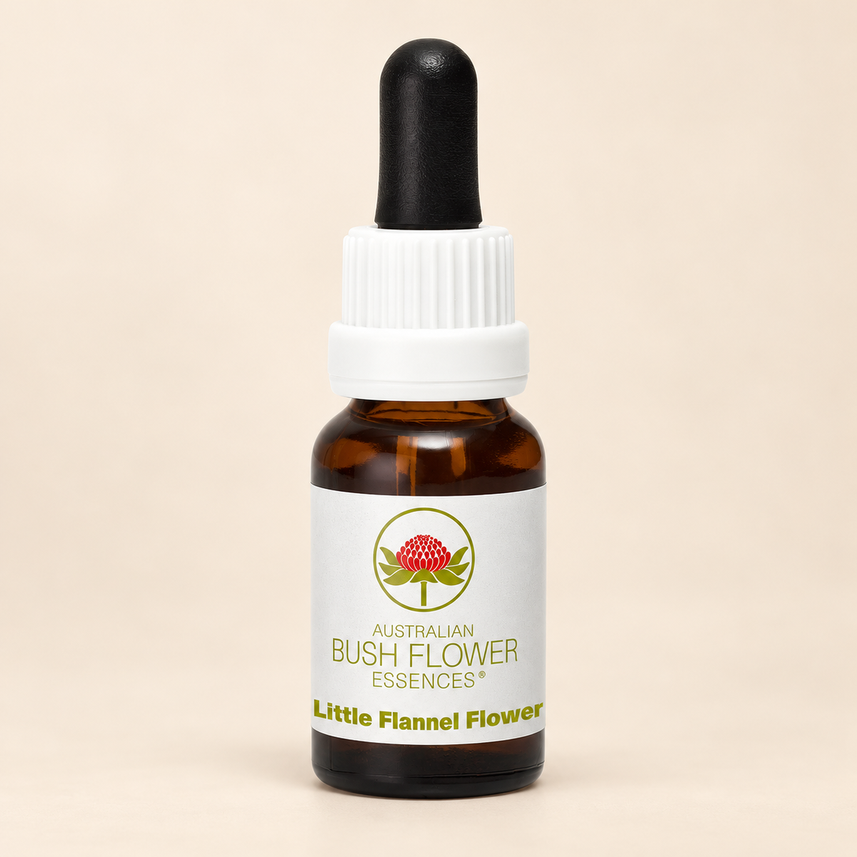 Australian Bush Flower little flannel flower 15ml bottle on a warm beige background